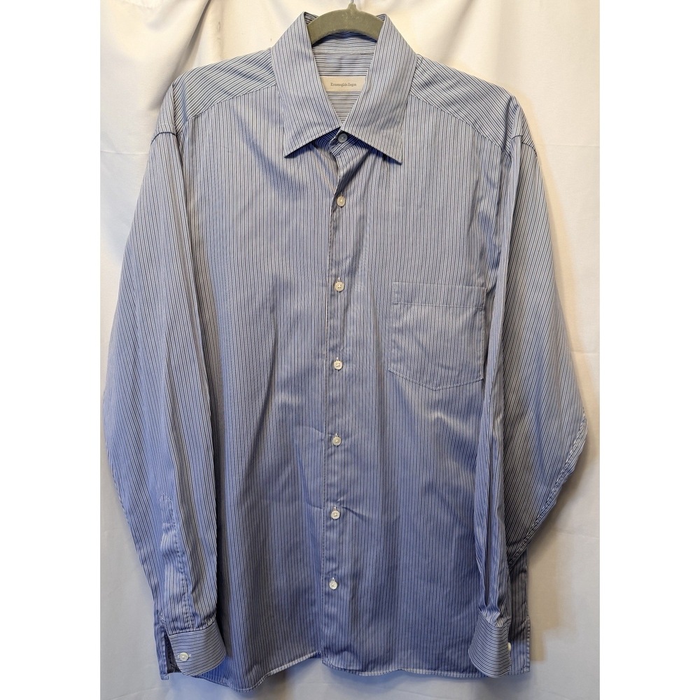 Ermenegildo Zegna Men's Large Blue Stripe Long Sleeve Dress Shirt Made In Italy